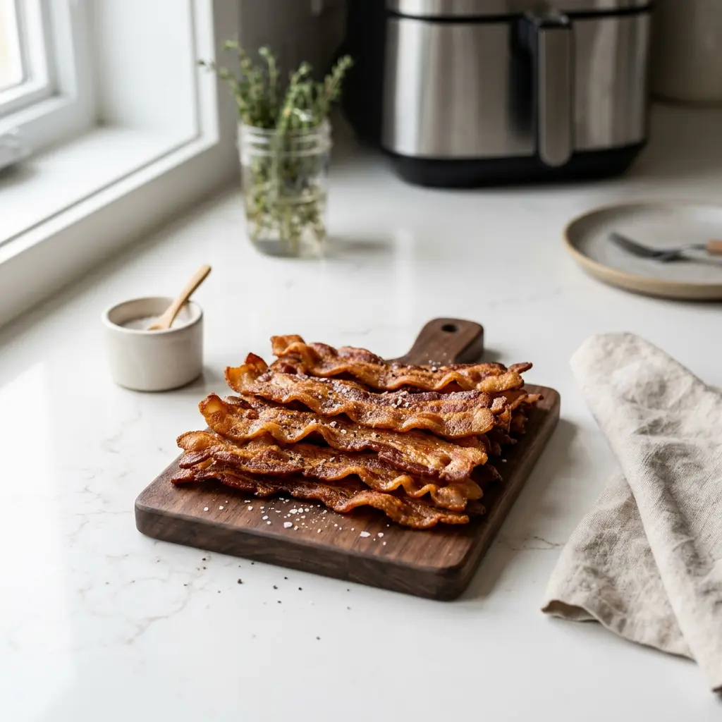 Fotó a tálalásra kész Bacon forrólevegős sütőben ételről