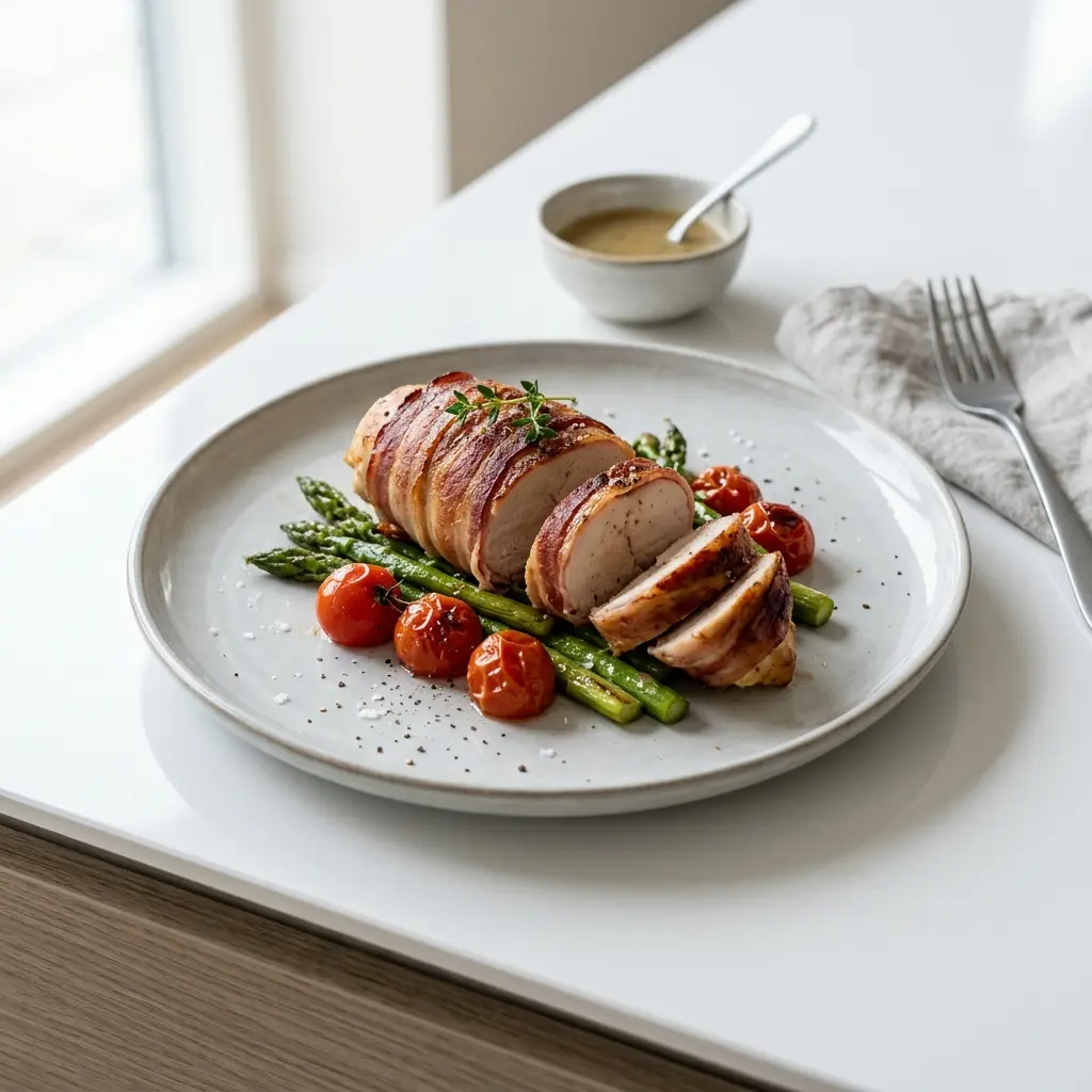 Fotó a tálalásra kész Baconbe tekert csirkemell ételről