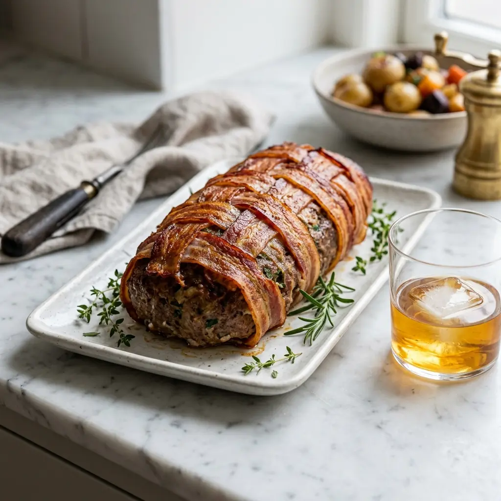 Fotó a tálalásra kész Baconös húskenyér ételről