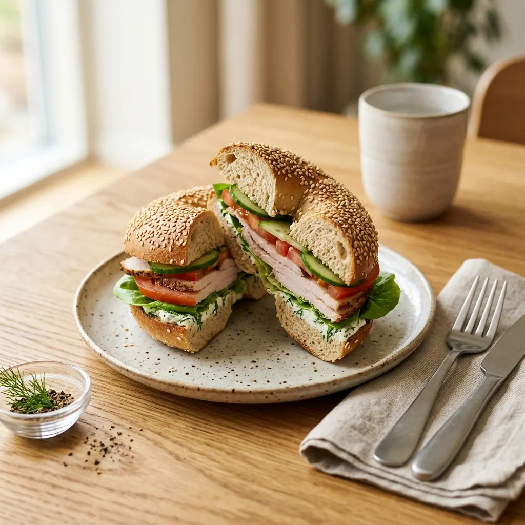 Fotó a tálalásra kész Bagel pulykával ételről