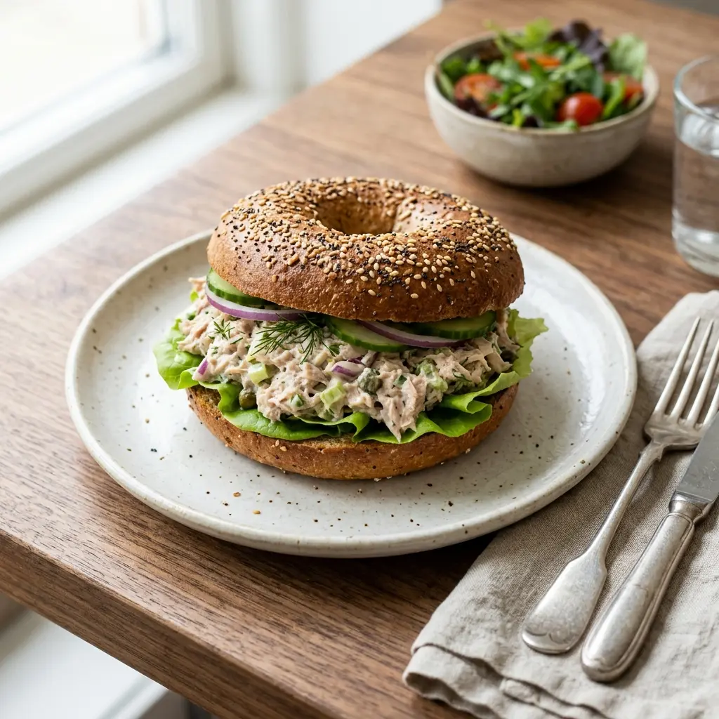 Fotó a tálalásra kész Bagel tonhalsalátával ételről
