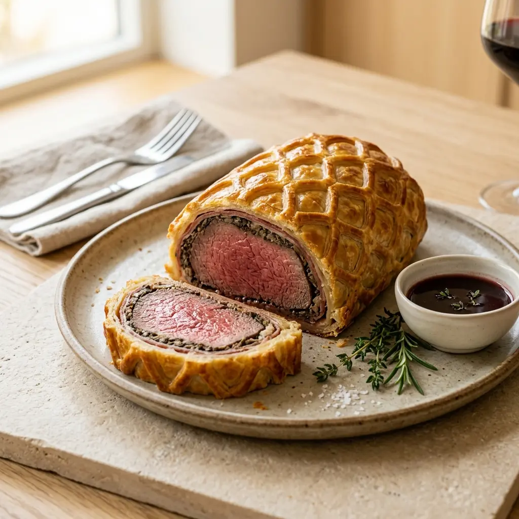 Fotó a tálalásra kész Beef Wellington ételről