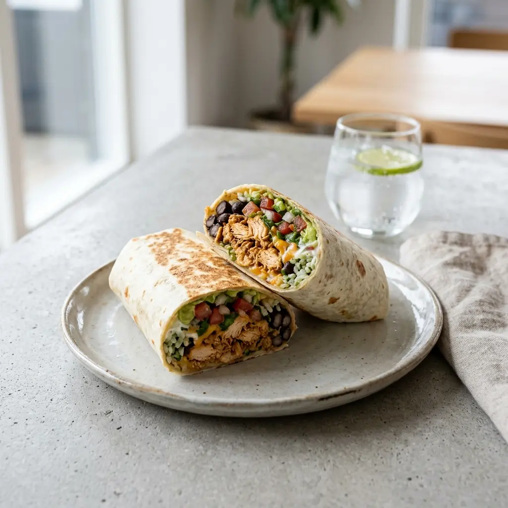 Fotó a tálalásra kész Burrito csirkével ételről