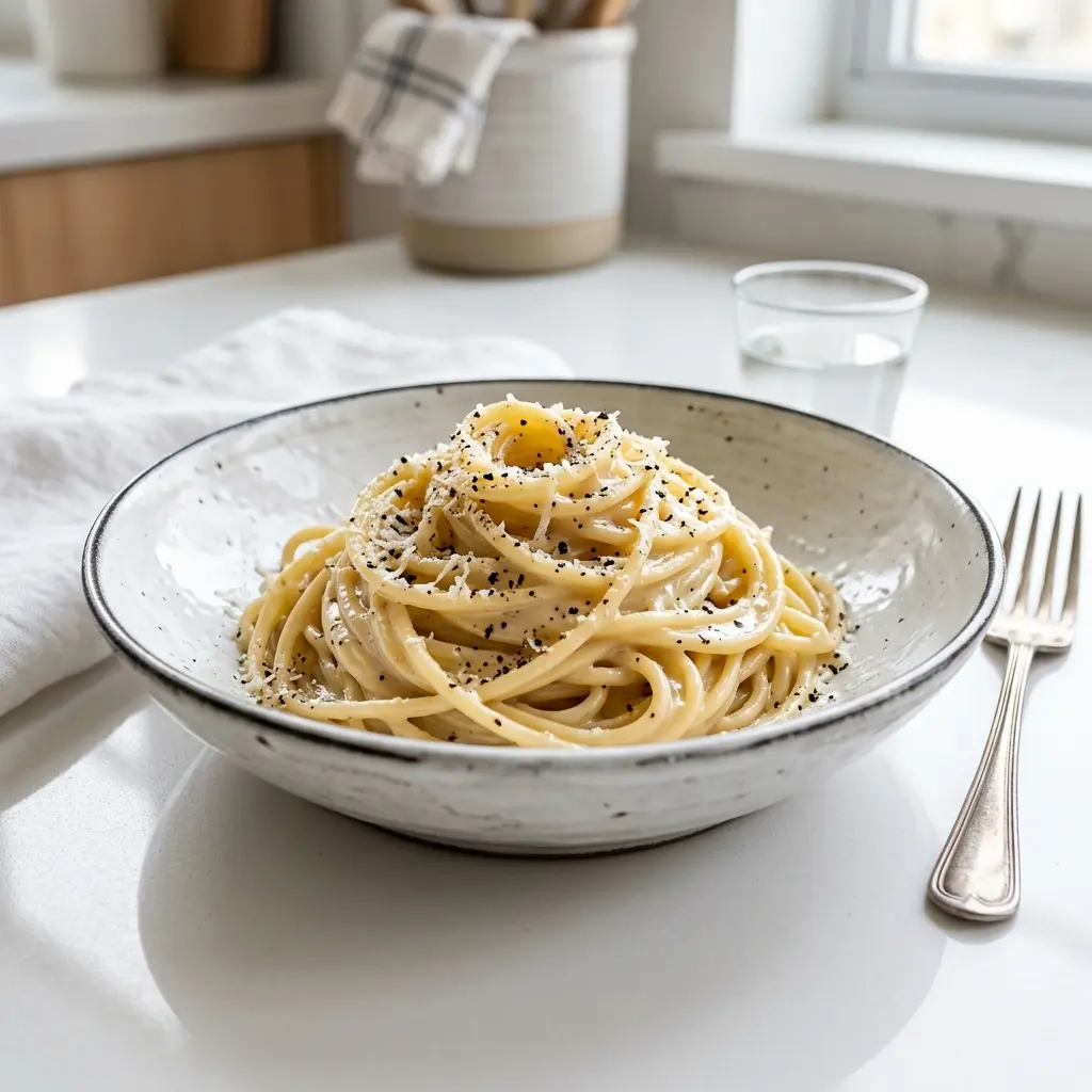 Fotó a tálalásra kész Cacio e pepe ételről