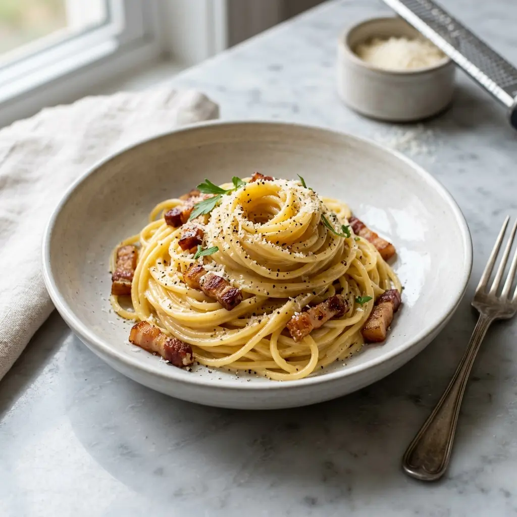 Fotó a tálalásra kész Carbonara tészta ételről
