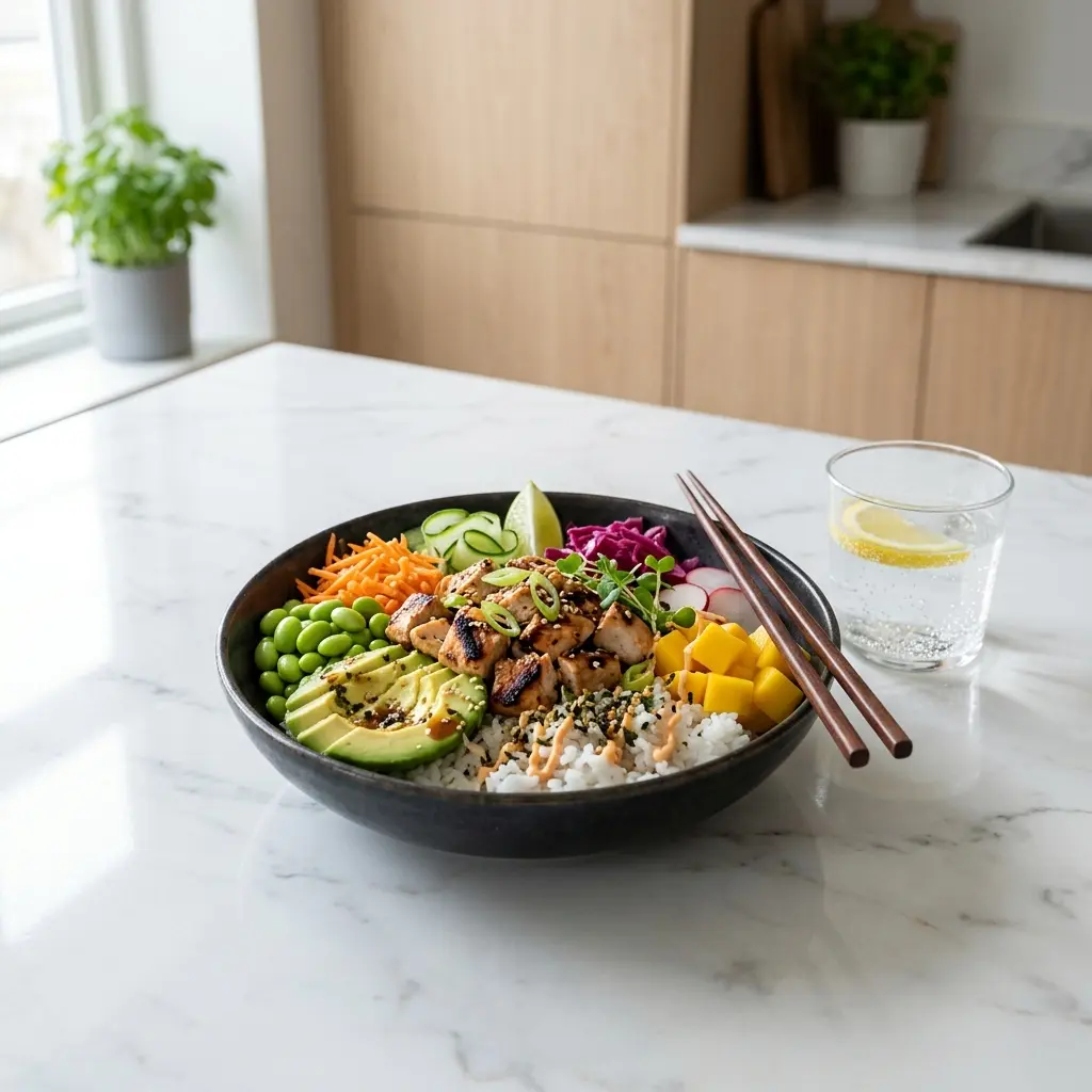 Fotó a tálalásra kész Csirkés poke bowl ételről