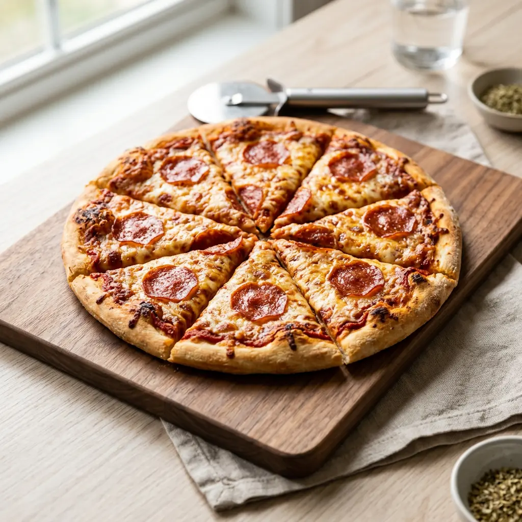 Fotó a tálalásra kész Fagyasztott pizza forrólevegős sütőben ételről