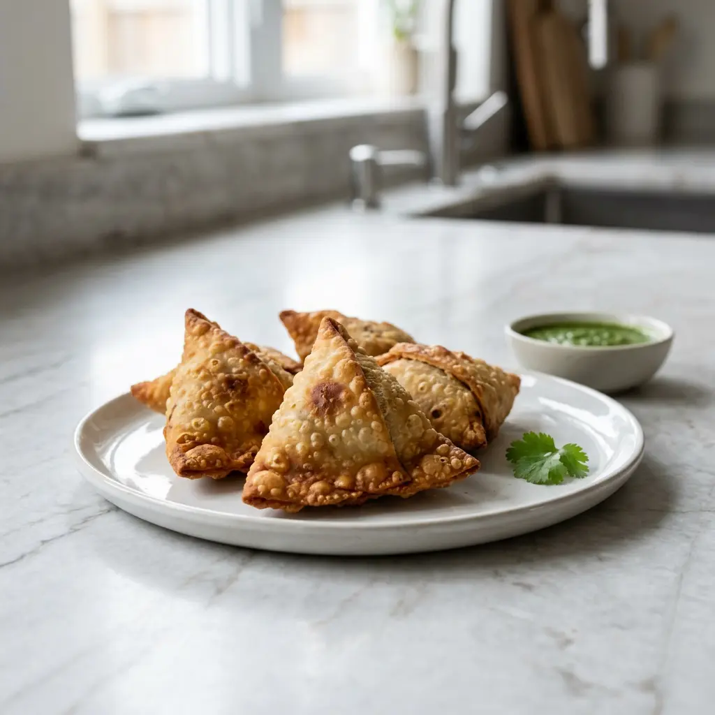 Fotó a tálalásra kész Fagyasztott samosa forrólevegős sütőben ételről
