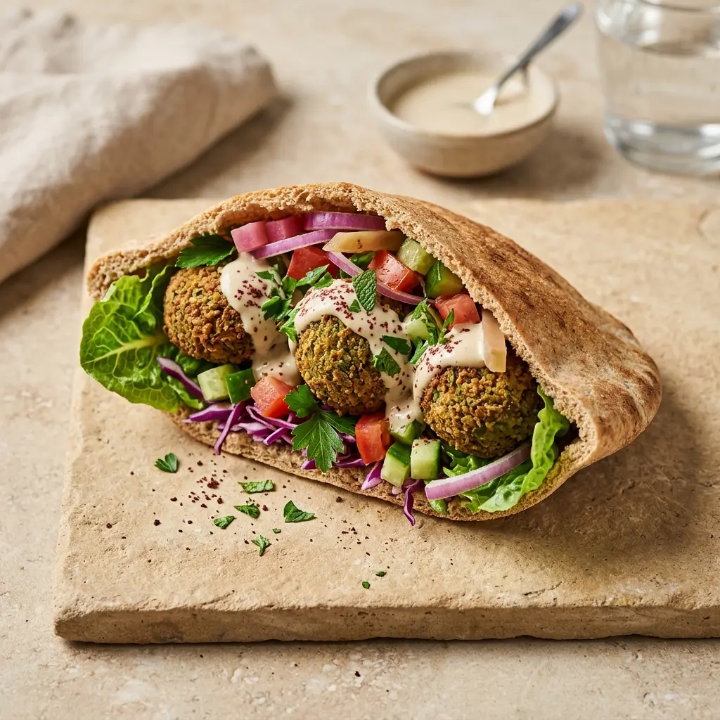 Fotó a tálalásra kész Falafel pitakenyérben ételről