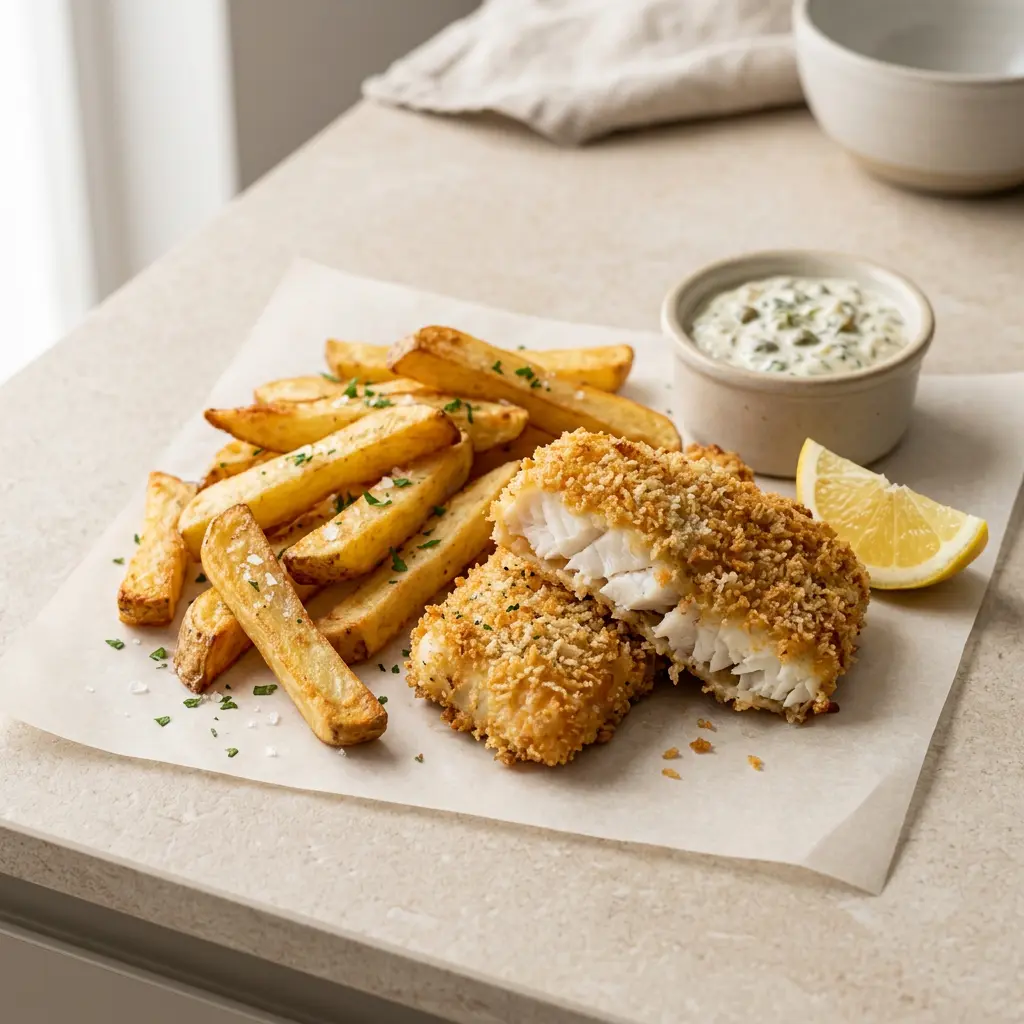 Fotó a tálalásra kész Fish and chips forrólevegős sütőben ételről