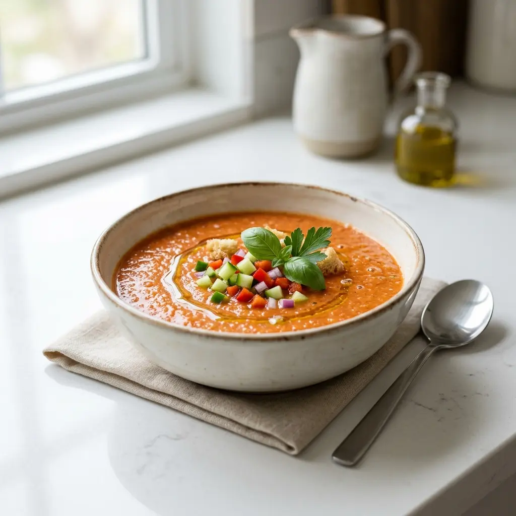 Fotó a tálalásra kész Gazpacho ételről