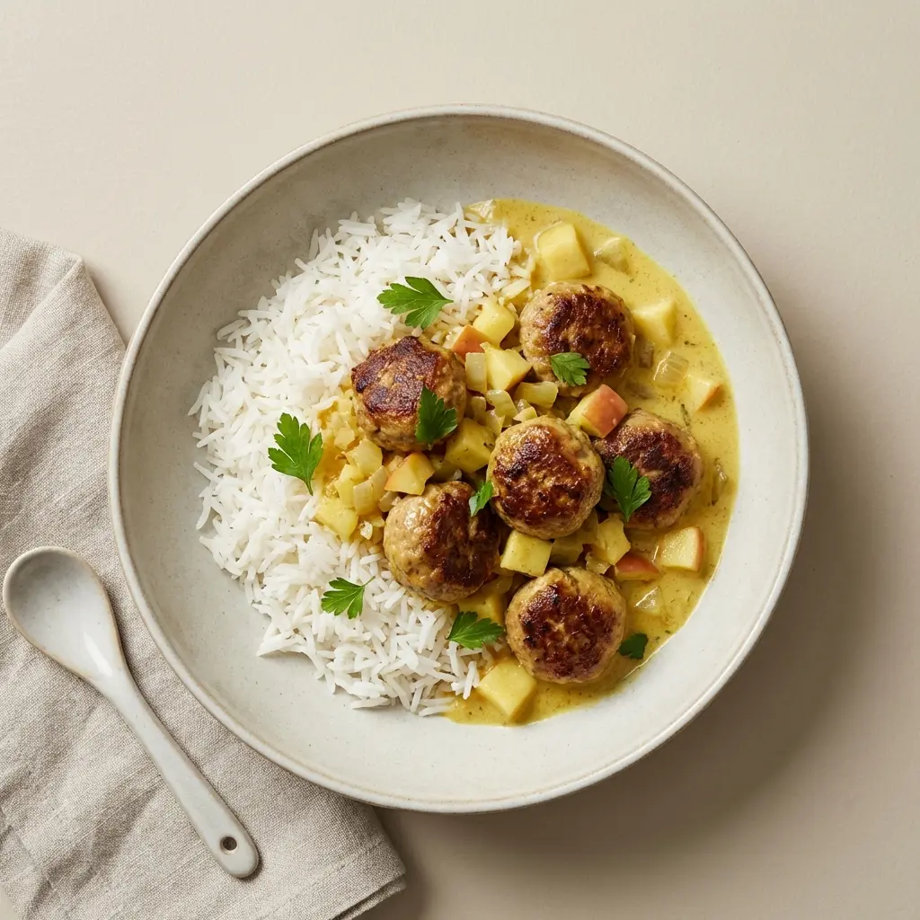 Fotó a tálalásra kész Húsgombóc curryszószban rizzsel ételről