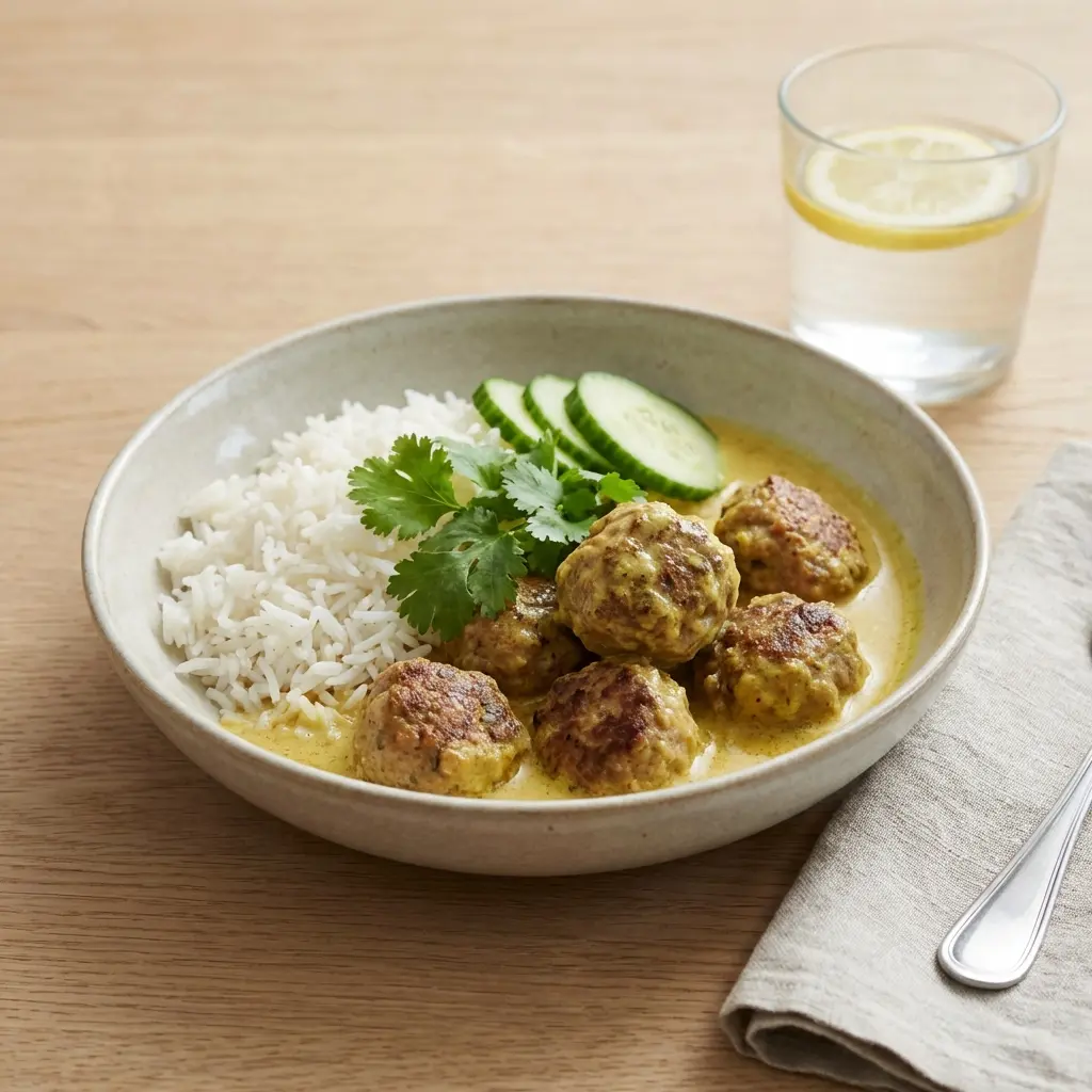 Fotó a tálalásra kész Húsgombóc curryszószban ételről