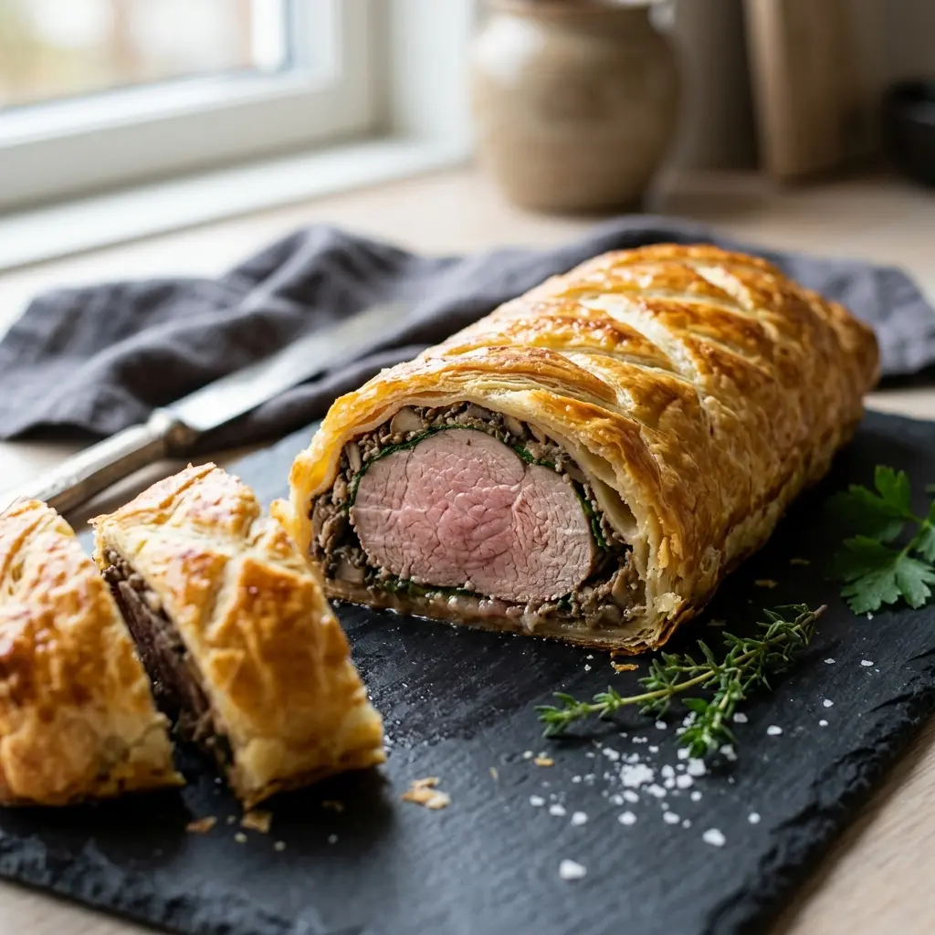 Fotó a tálalásra kész Leveles tésztában sült sertésszűz ételről