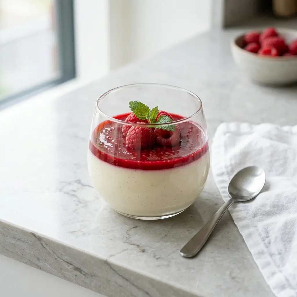 Fotó a tálalásra kész Málnás panna cotta ételről