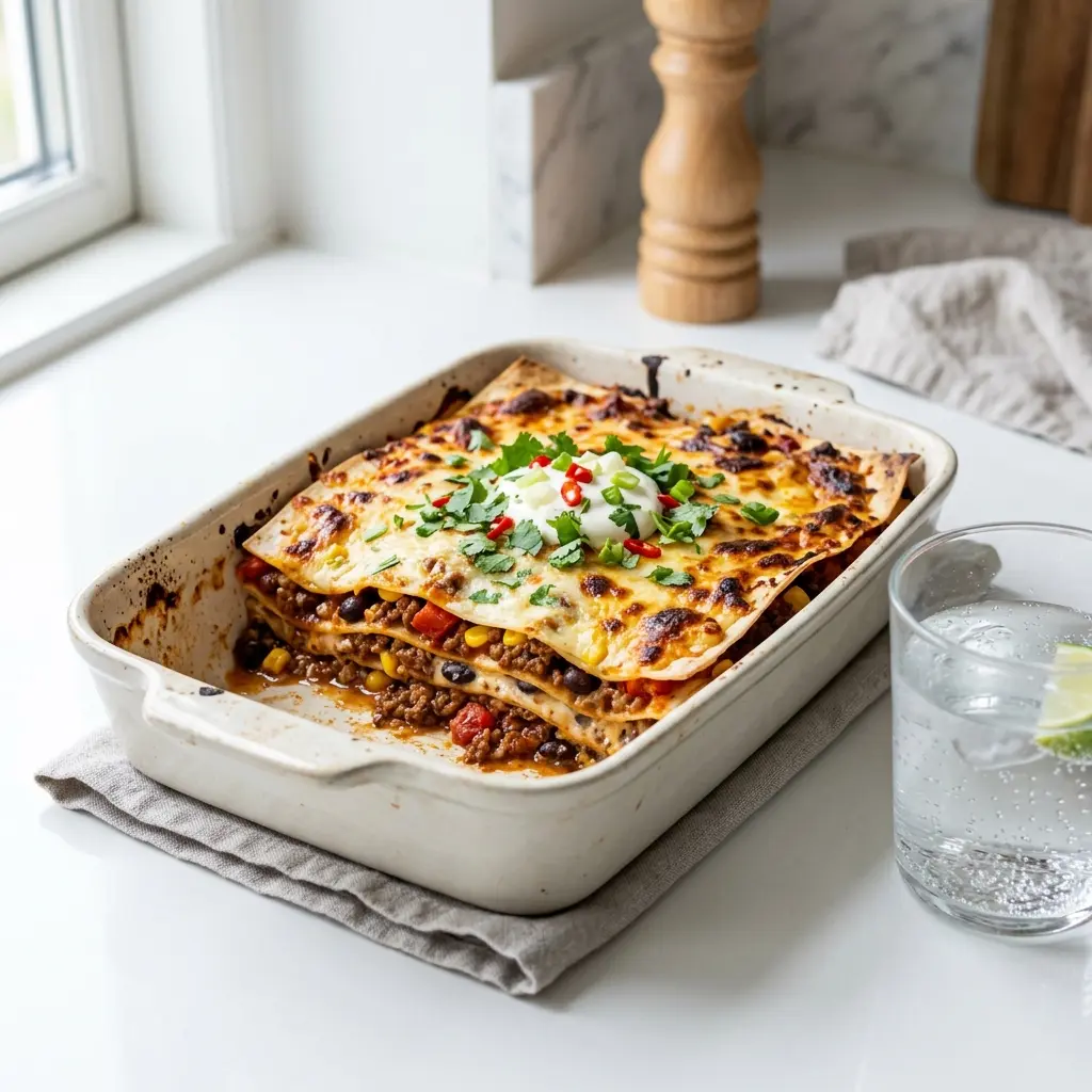 Fotó a tálalásra kész Mexikói lasagne ételről