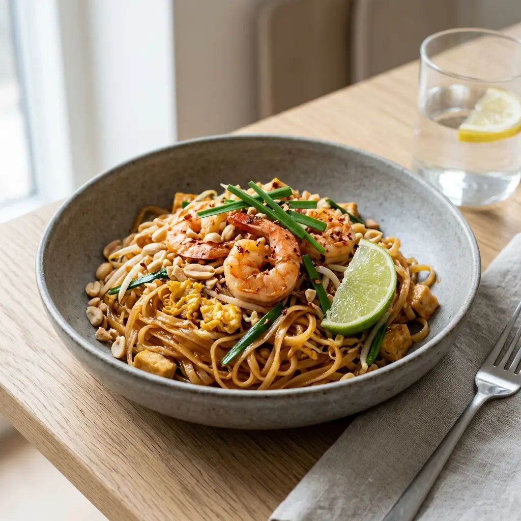 Fotó a tálalásra kész Pad Thai garnélával ételről