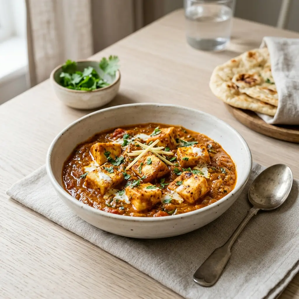 Fotó a tálalásra kész Paneer masala ételről