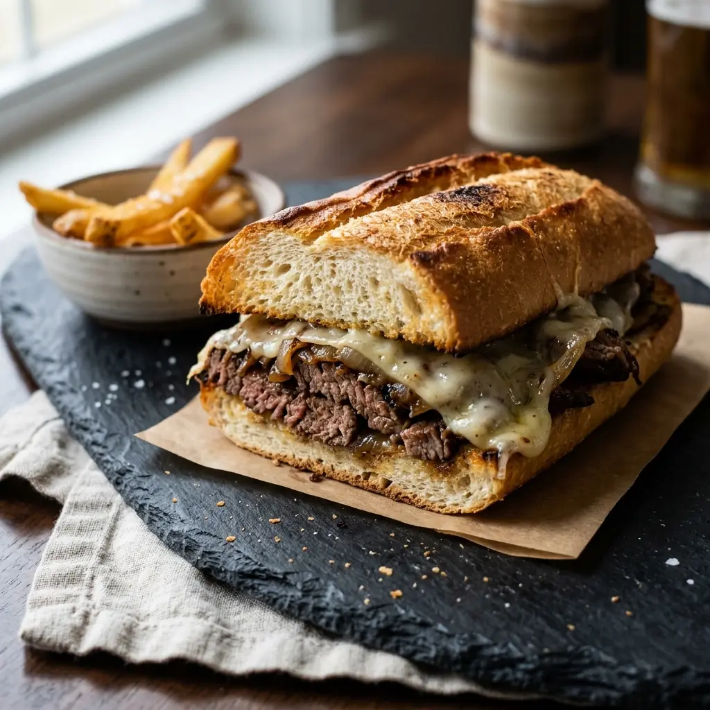 Fotó a tálalásra kész Philly cheesesteak szendvics ételről