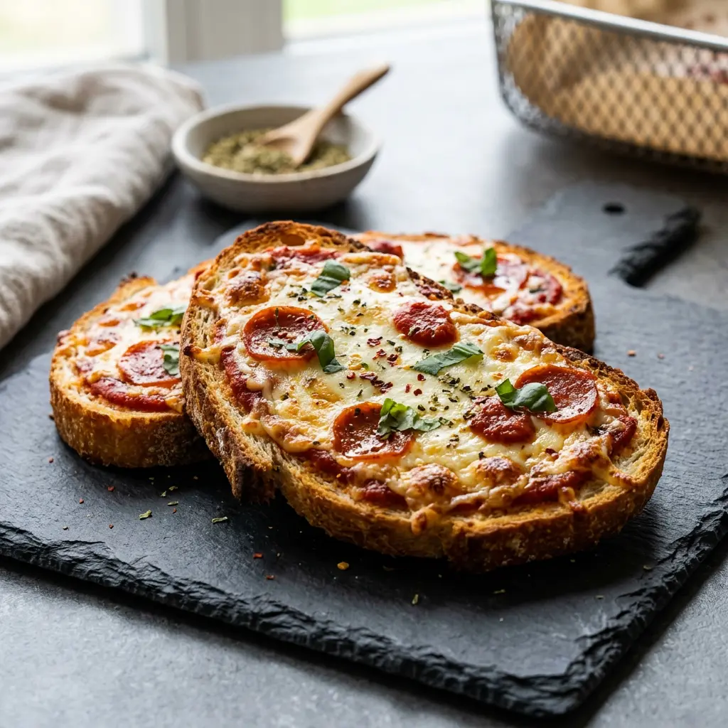 Fotó a tálalásra kész Pizzás pirítós forrólevegős sütőben ételről