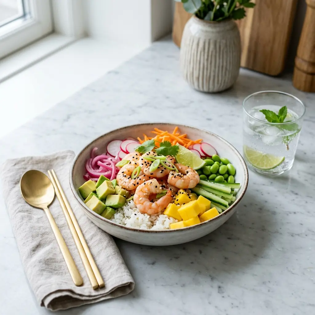 Fotó a tálalásra kész Poke bowl garnélával ételről