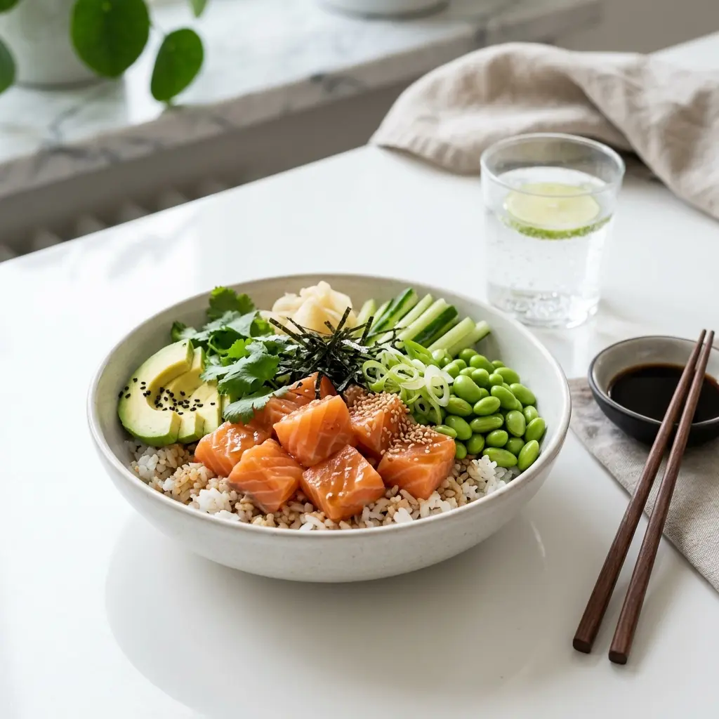 Fotó a tálalásra kész Poke bowl lazaccal ételről