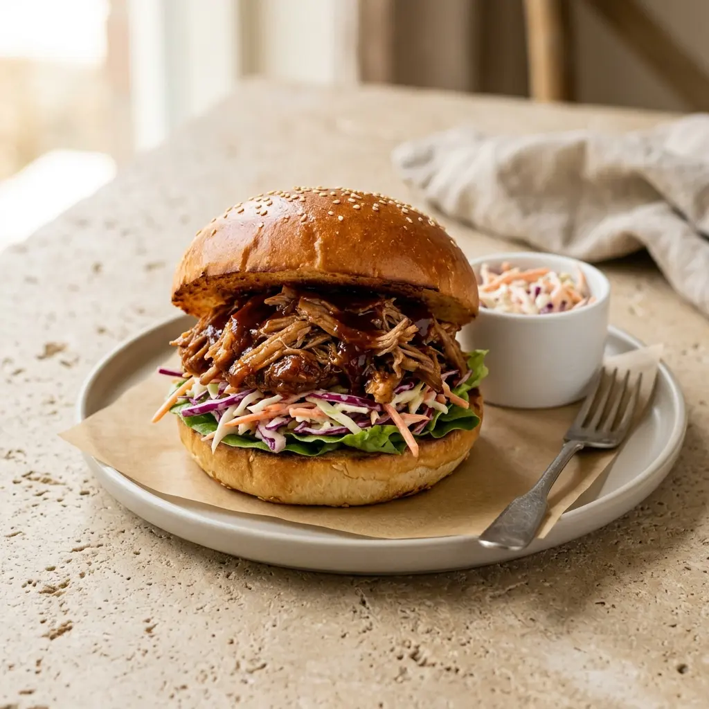Fotó a tálalásra kész Pulled pork burger ételről