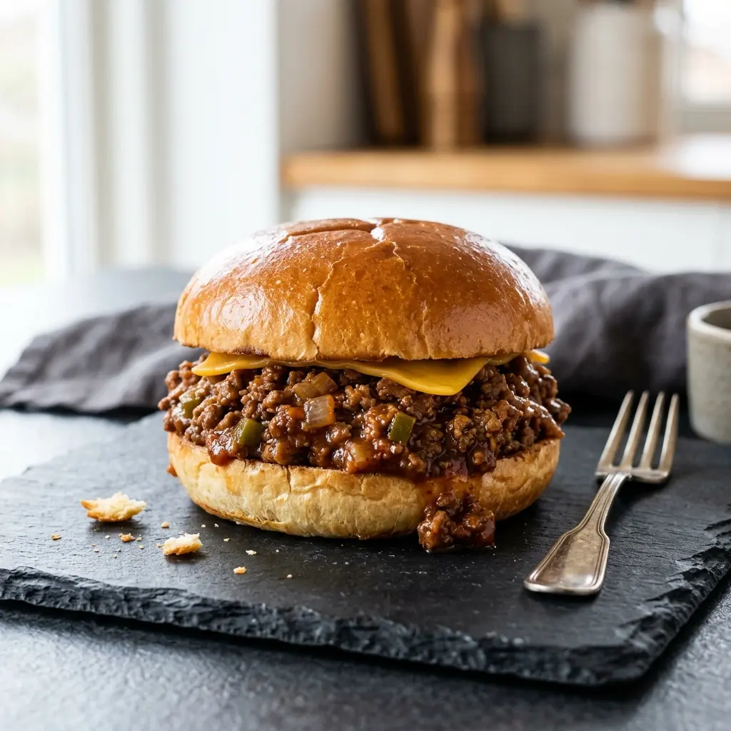 Fotó a tálalásra kész Sloppy Joe szendvics ételről