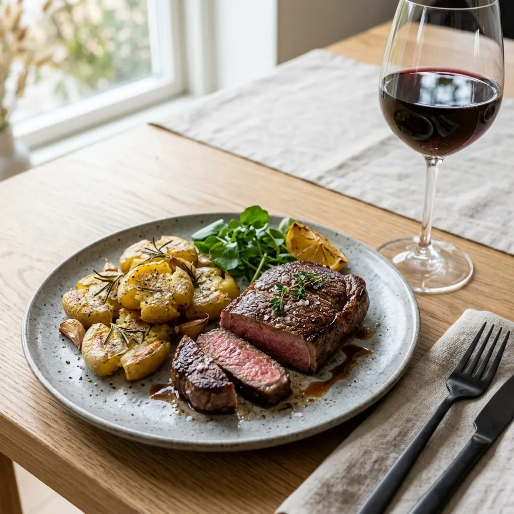 Fotó a tálalásra kész Steak tört burgonyával ételről