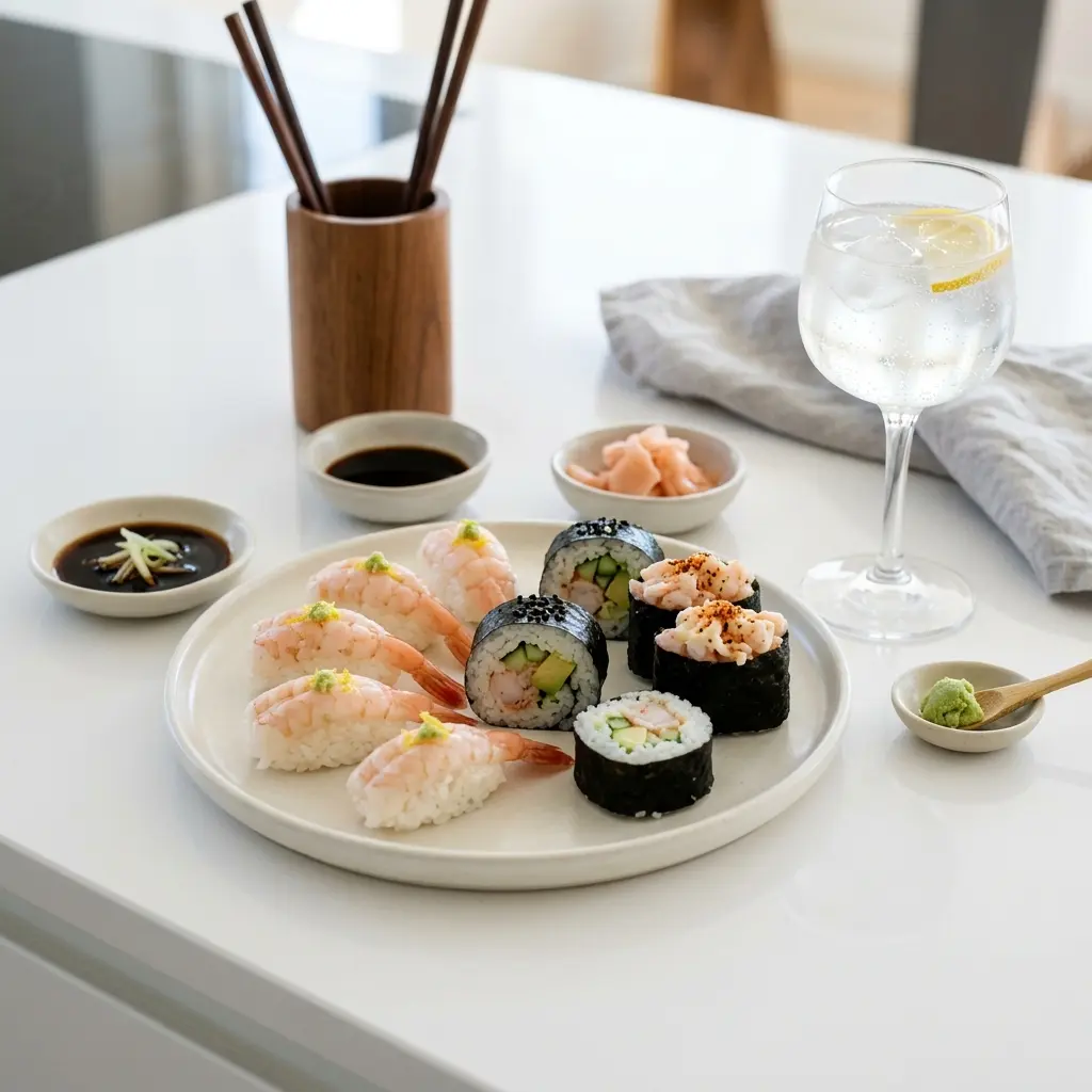 Fotó a tálalásra kész Sushi garnélával ételről
