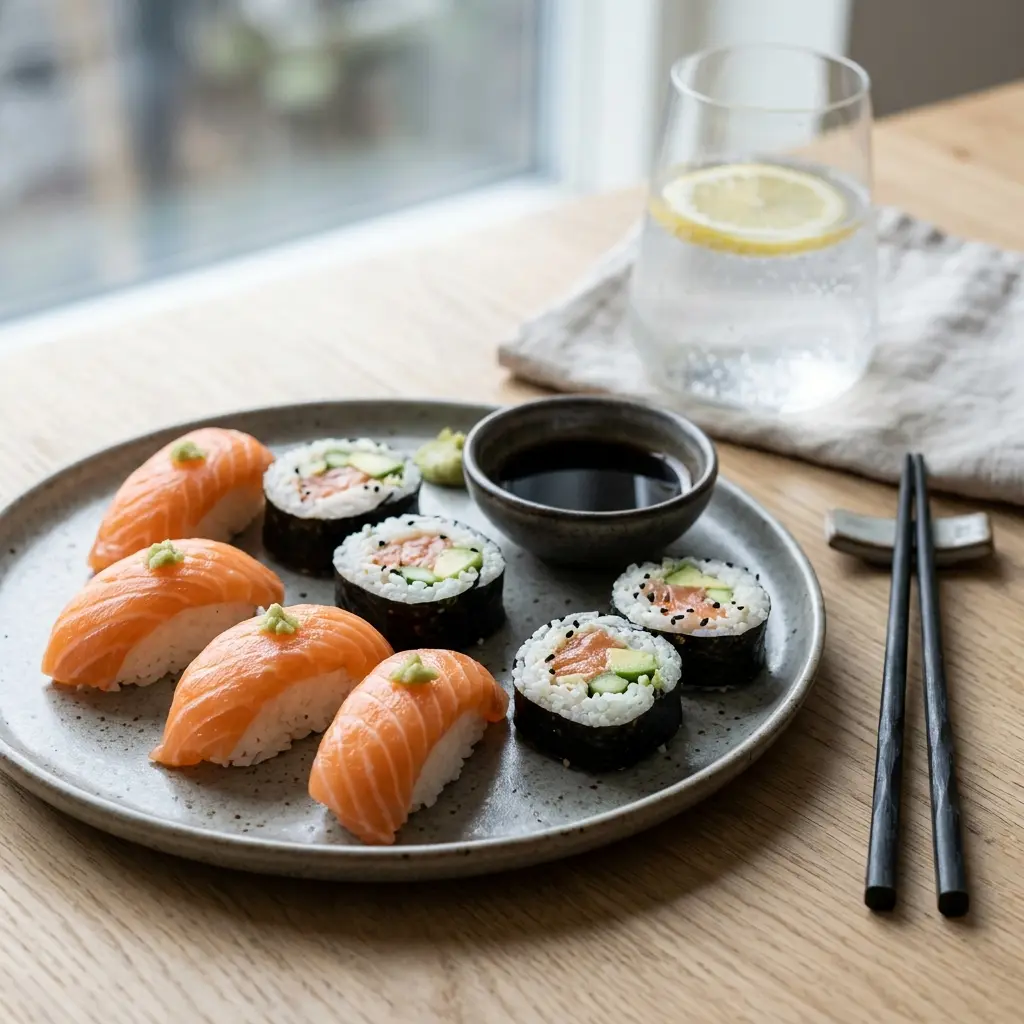 Fotó a tálalásra kész Sushi lazaccal ételről