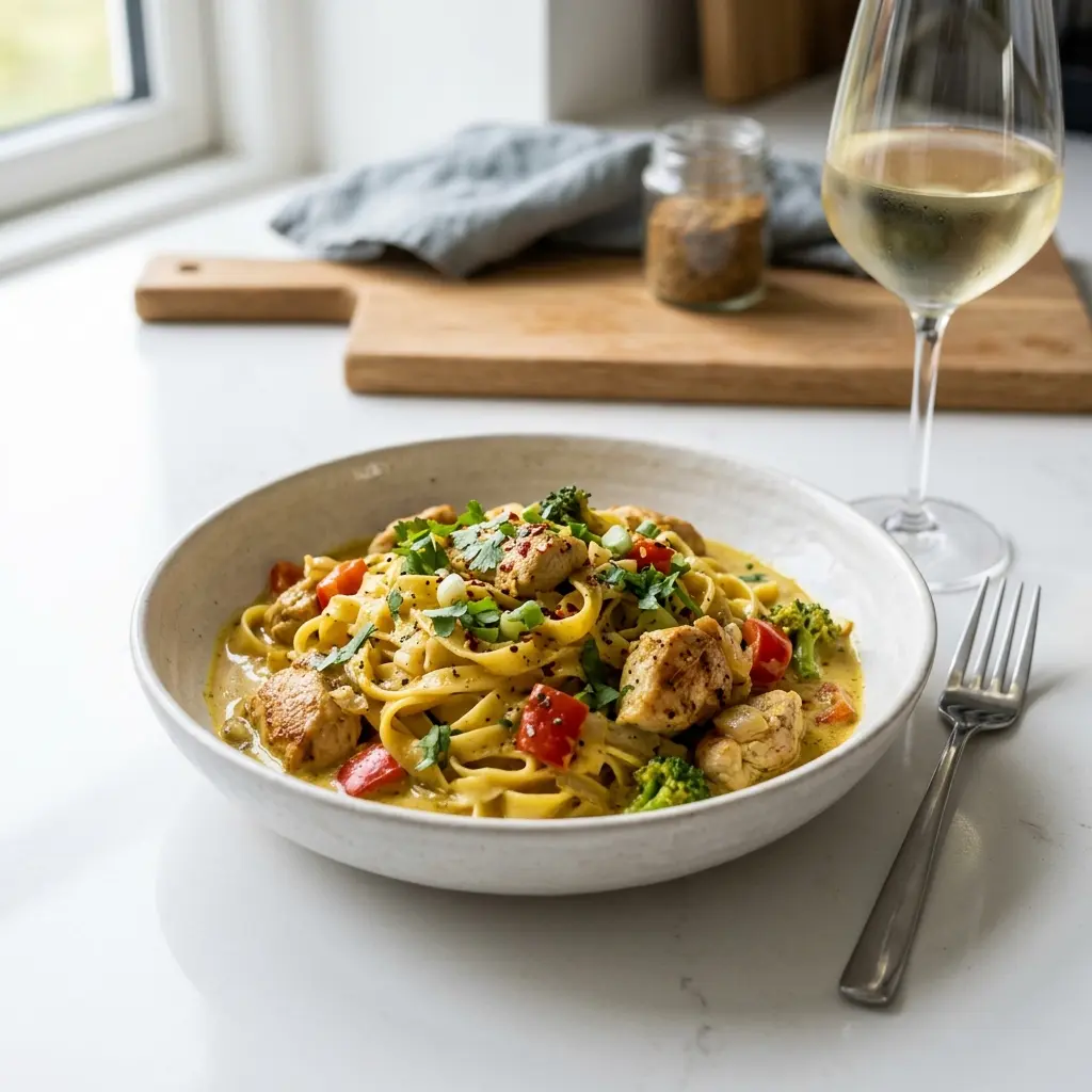 Fotó a tálalásra kész Tészta csirkével és curryvel ételről