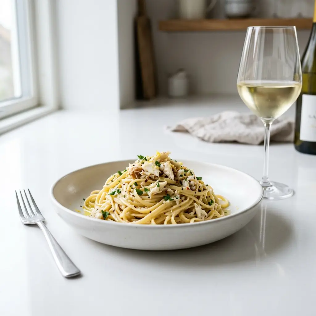 Fotó a tálalásra kész Tészta rákkal ételről
