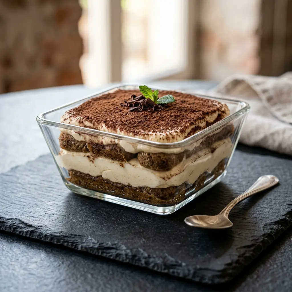 Fotó a tálalásra kész Tiramisu ételről