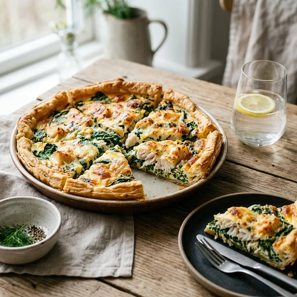 Fotó a tálalásra kész Tőkehalas-spenótos quiche ételről