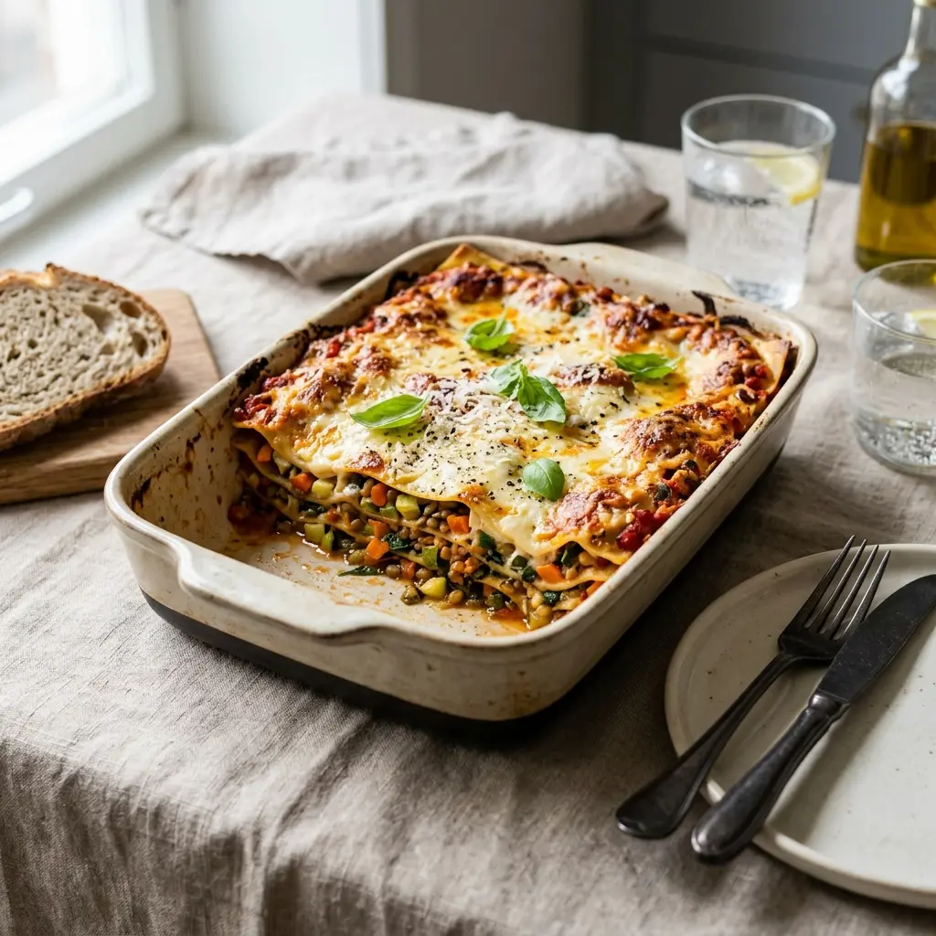 Fotó a tálalásra kész Vegetáriánus lasagne ételről
