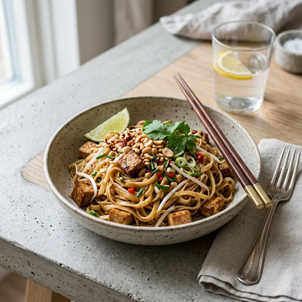 Fotó a tálalásra kész Vegetáriánus pad thai ételről